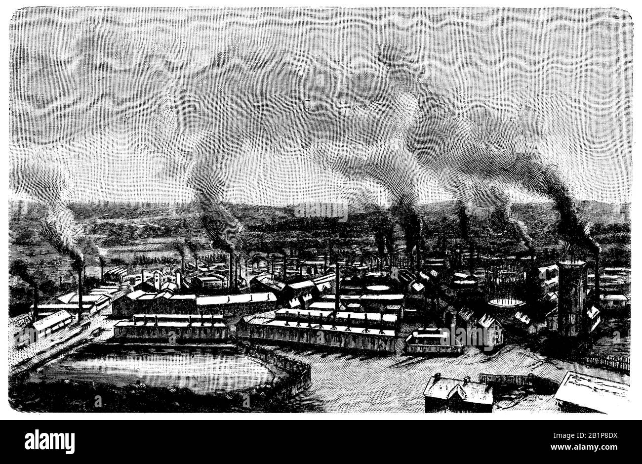 Ouvrages en acier de Krupp à Essen, cheminées d'usine, fumée, , (atlas, 1909) Banque D'Images
