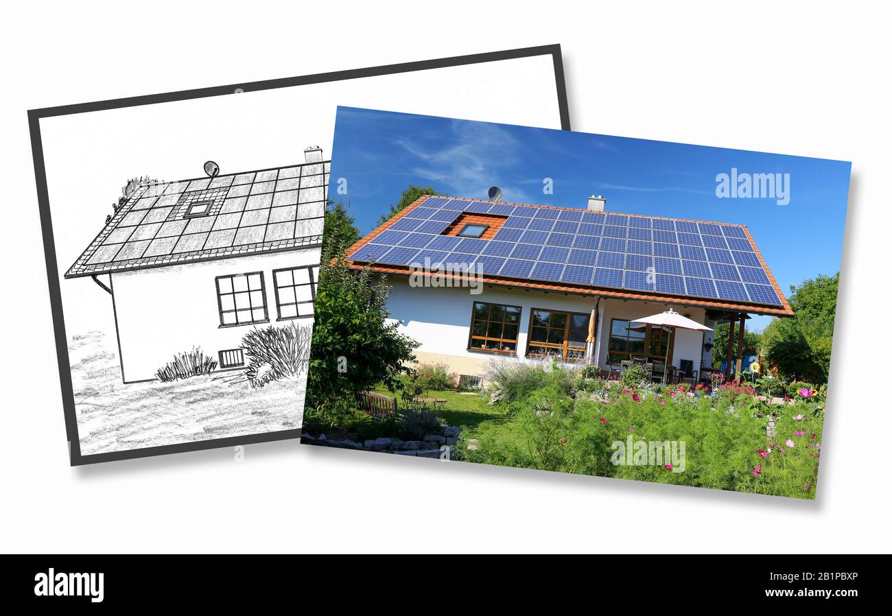 Dessin et la maison finie Banque D'Images