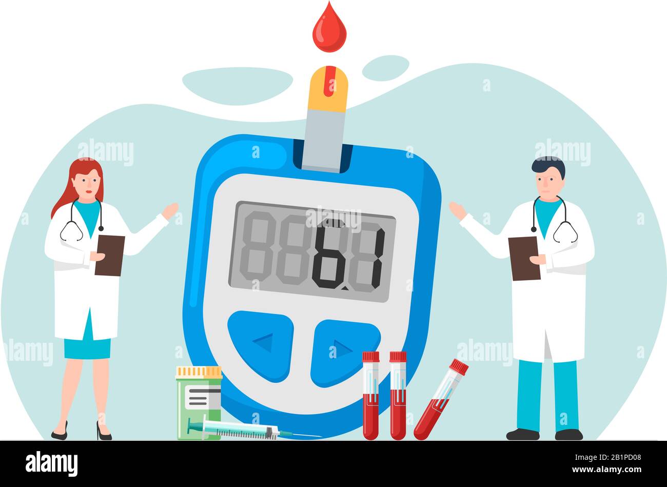 Médecins hommes et femmes avec glucomètre pour le diabète diagnostic médical mesurant le niveau de sucre. Glucomètre diabétique avec pilules et tubes à essai. Équipement de laboratoire et illustration des seringues Illustration de Vecteur