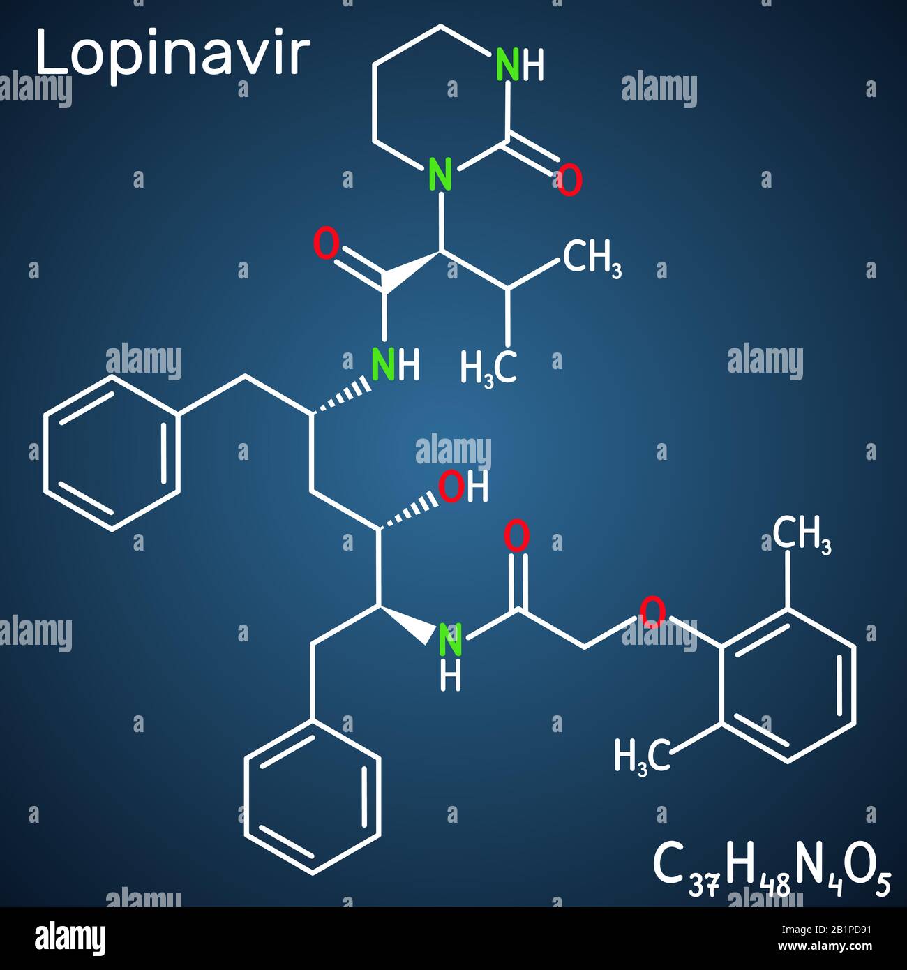 Lopinavir, C37H48N4O5, molécule. Il s'agit d'un inhibiteur de protéase antirétrovirale, utilisé avec le ritonavir dans le traitement du VIH du virus de l'immunodéficience humaine Illustration de Vecteur