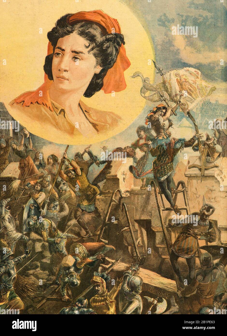 Gravure - Jeanne Hachette (Jeanne Laisne) défend la ville de Beauvais contre les troupes de Charles le Temeraire en 1472 - Collection privée Photo Stock - Alamy