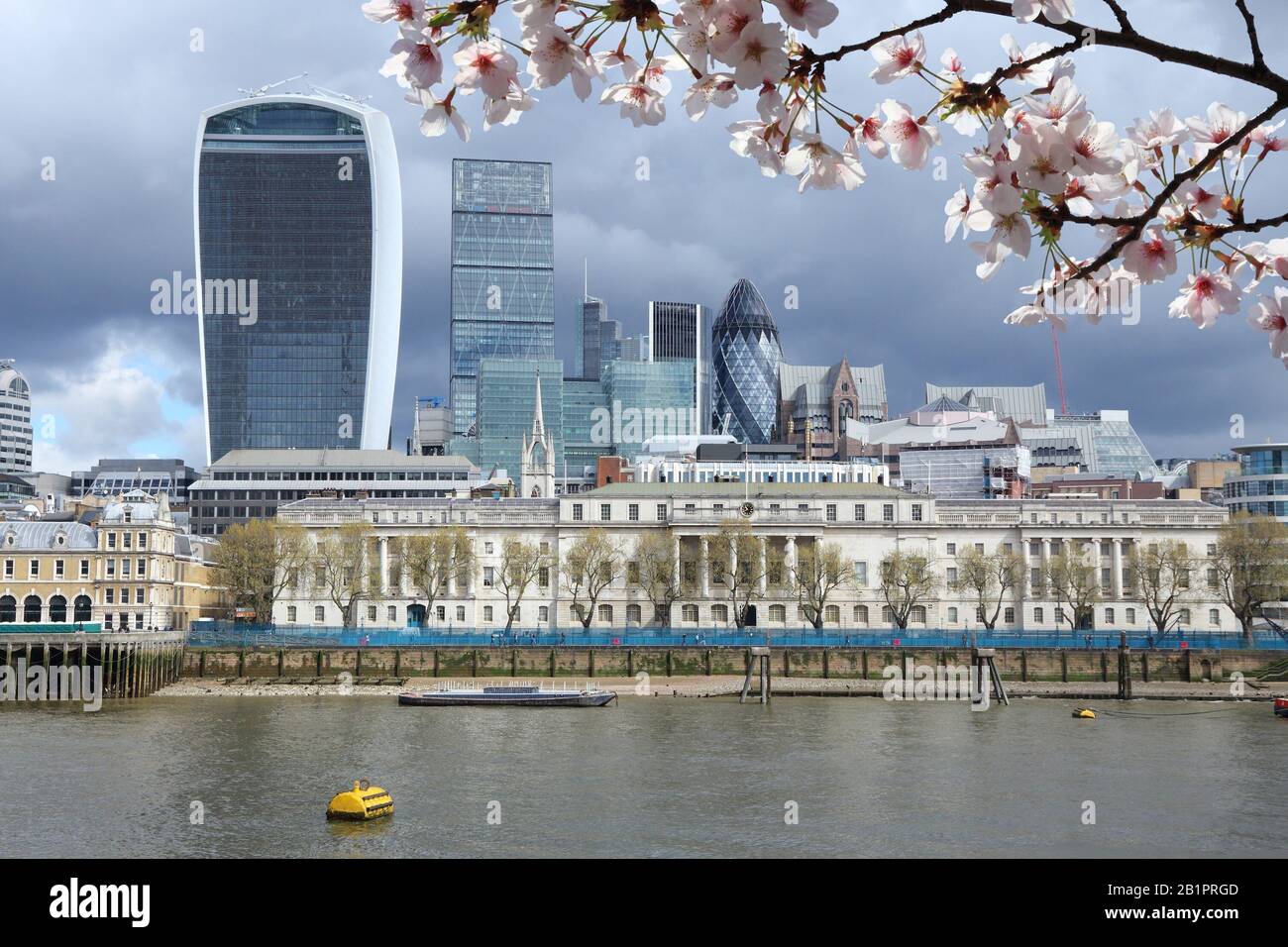 London City Skyline, Royaume-Uni - paysage urbain avec bâtiments modernes. Fleurs de cerisier de printemps. Banque D'Images