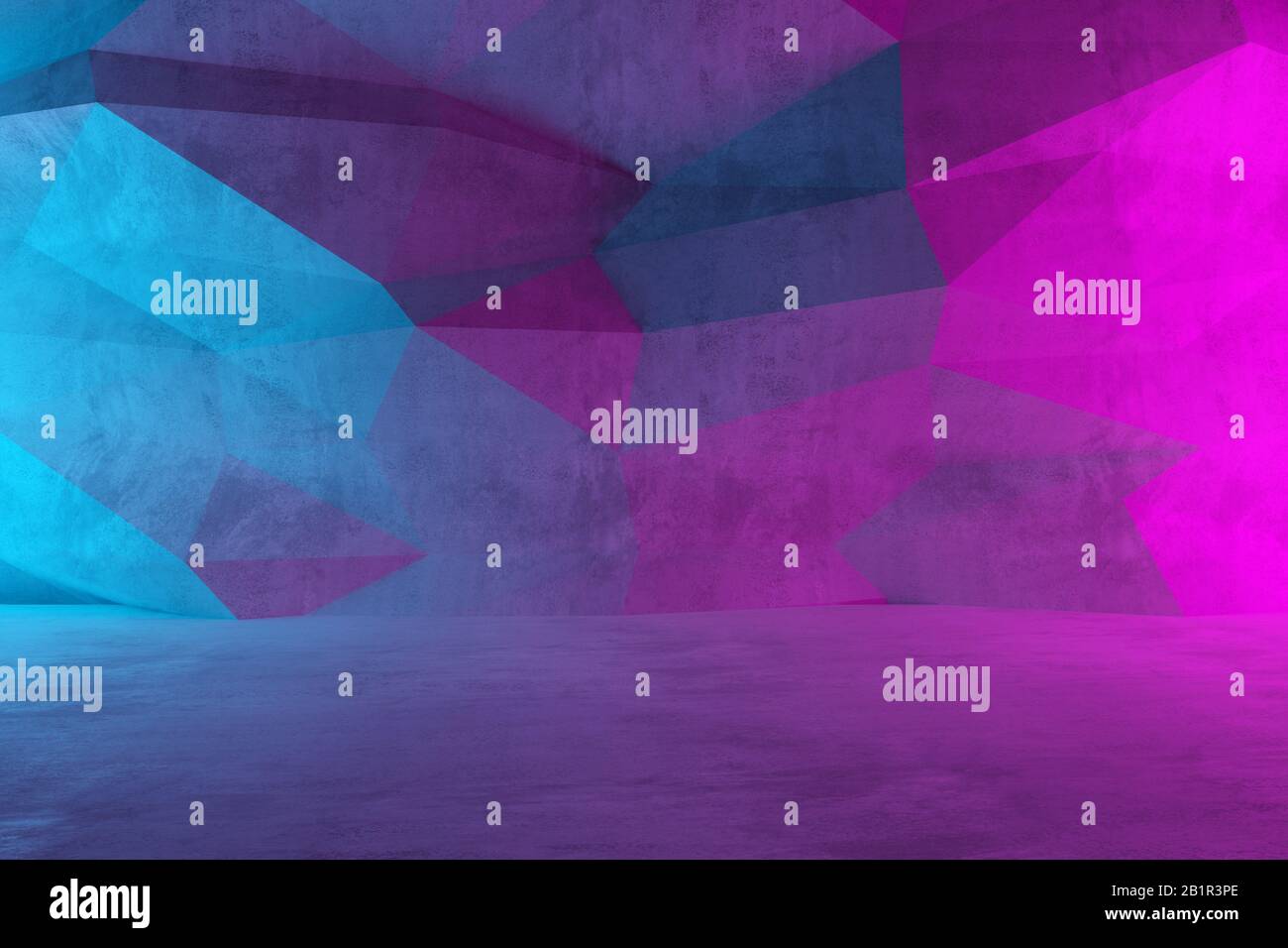 Abstrait vide, salle moderne en béton avec néon cyan et rose de couleur mettre de côté mur polygonal et sol rugueux - intérieur industriel température de fond Banque D'Images
