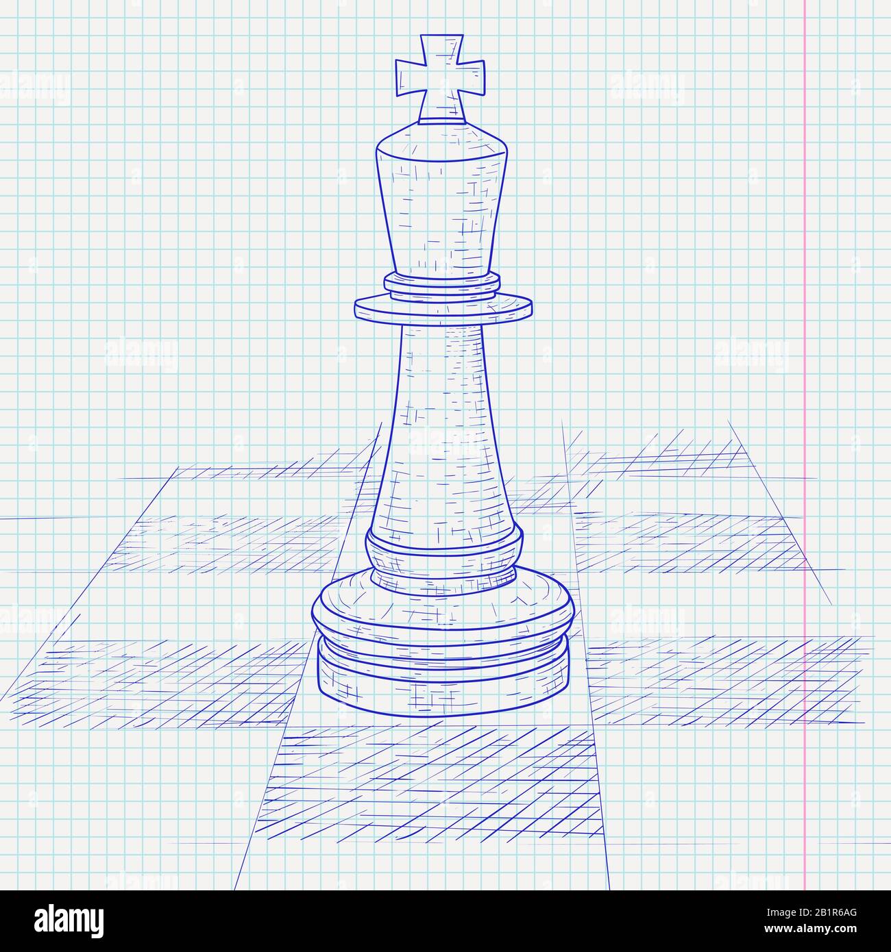 Le roi pièce d'échecs sur un échiquier. Esquisse dessinée à la main sur fond de papier doublé Illustration de Vecteur