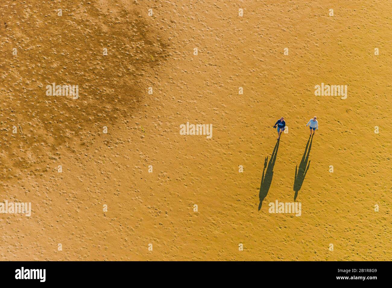 Deux personnes jettent de longues ombres sur la plage de sable, vue aérienne, Allemagne, Schleswig-Holstein, Frise du Nord Banque D'Images