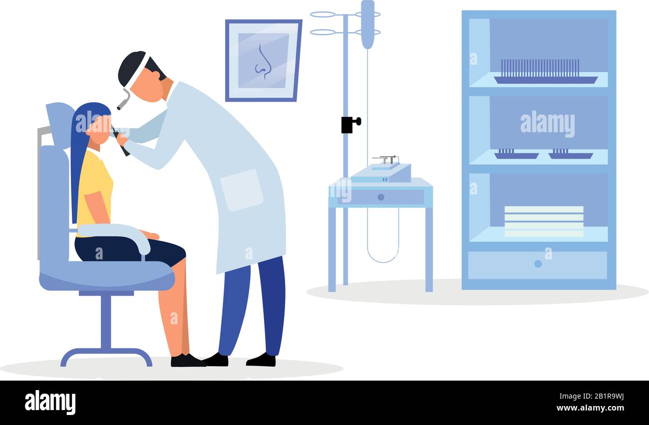 Illustration du vecteur plat de contrôle de gorge par le médecin ENT. Otolaryngologiste examinant le personnage isolé de bande dessinée du patient féminin. Otolaryngologie, pédiatrie Illustration de Vecteur