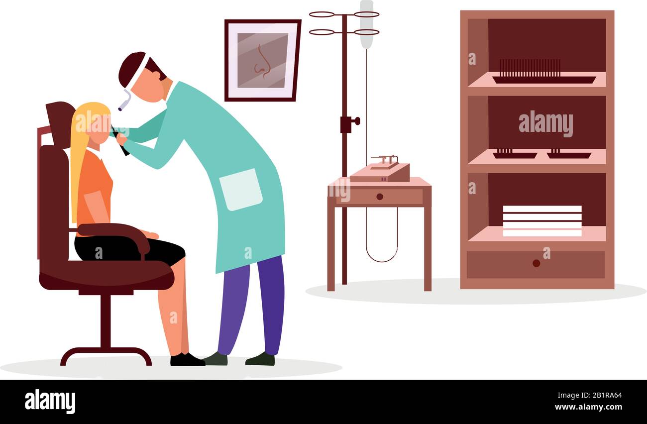 Illustration du vecteur plat de contrôle de gorge par le médecin ENT. Otolaryngologiste examinant le personnage isolé de bande dessinée du patient féminin. Otolaryngologie. Thérapeute Illustration de Vecteur