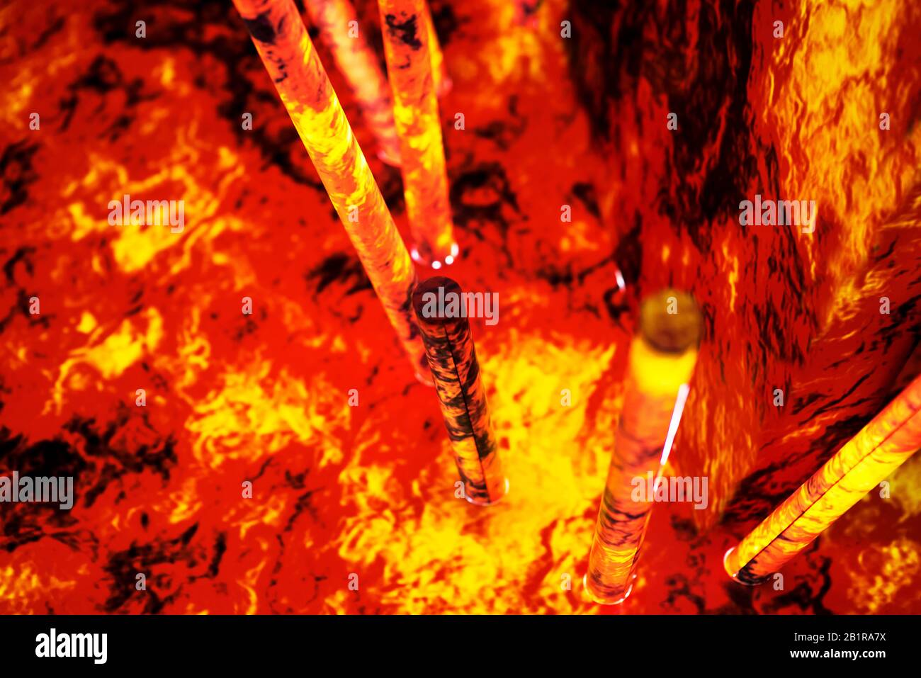 Lave chaude de magma en fusion avec texture de tiges. Banque D'Images