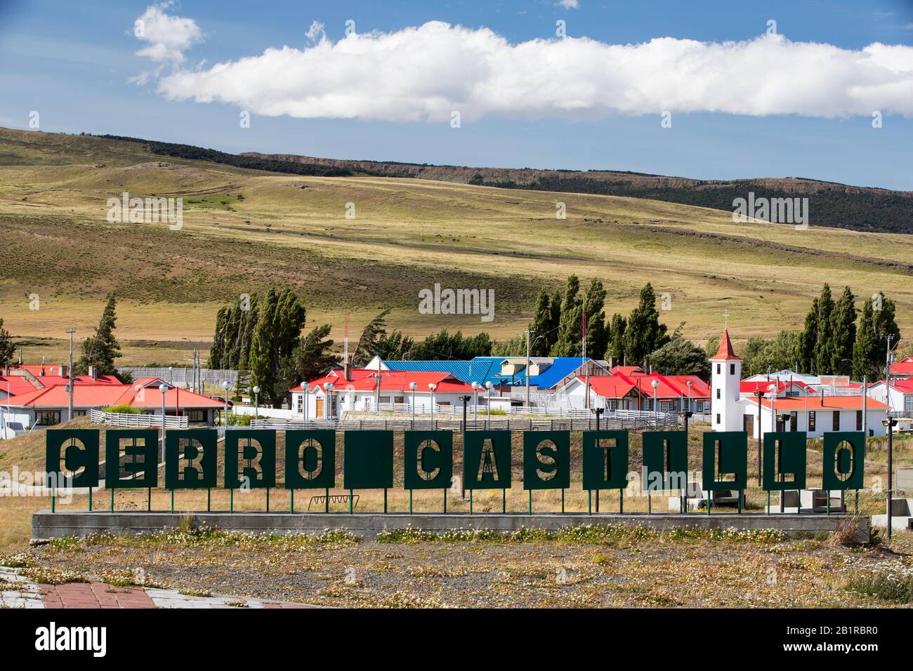 Le village de Cerro Castillo à la périphérie du parc national de Torres del Paine, Patagonia, Chili. Banque D'Images