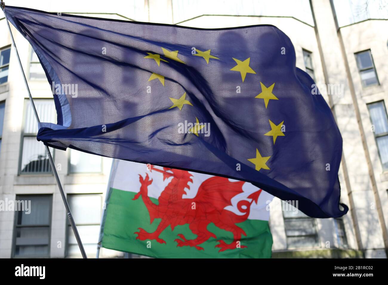 Un drapeau gallois du Dragon peut être vu derrière un drapeau de l'UE lors de la manifestation de Cardiff pour le Brexit en Europe. Banque D'Images