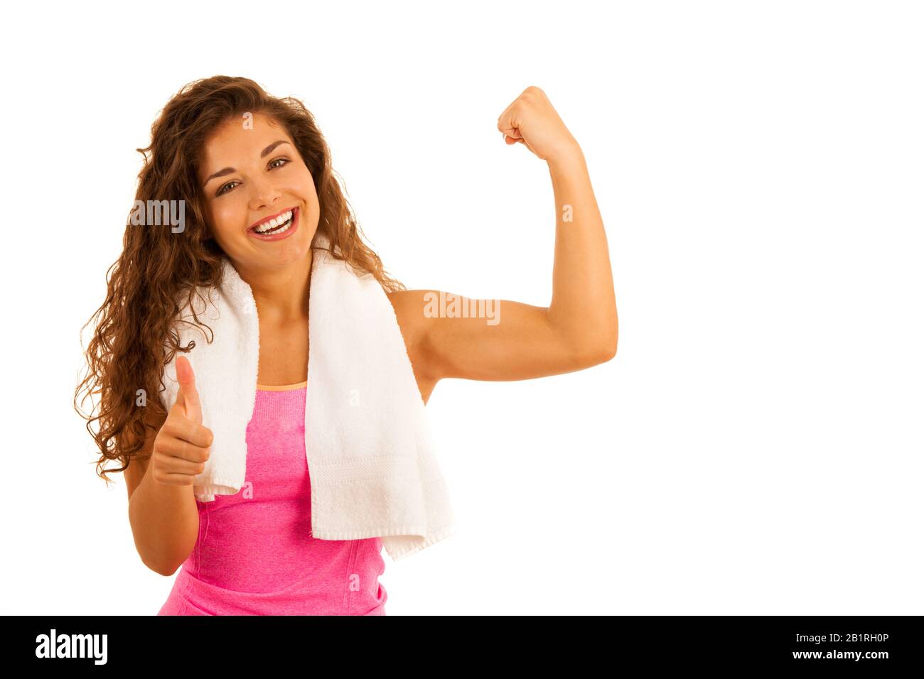 Active jeune tenue sportive femme gestuelle puissance avec ses bras isolés sur blanc Banque D'Images