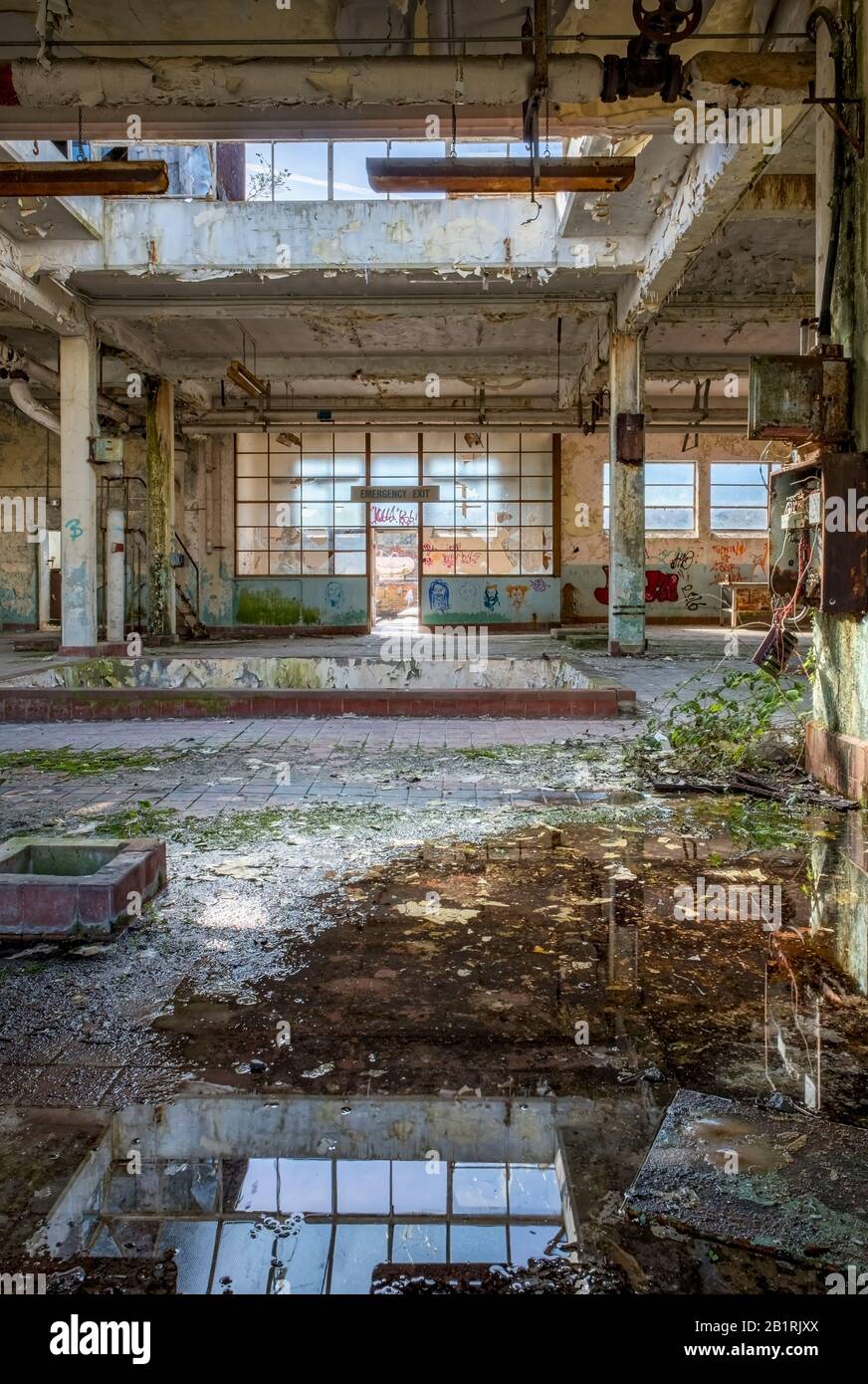 L'usine abandonnée a déraillé, avec un verre cassé et des caractéristiques rouillées, la désintégration urbaine Banque D'Images