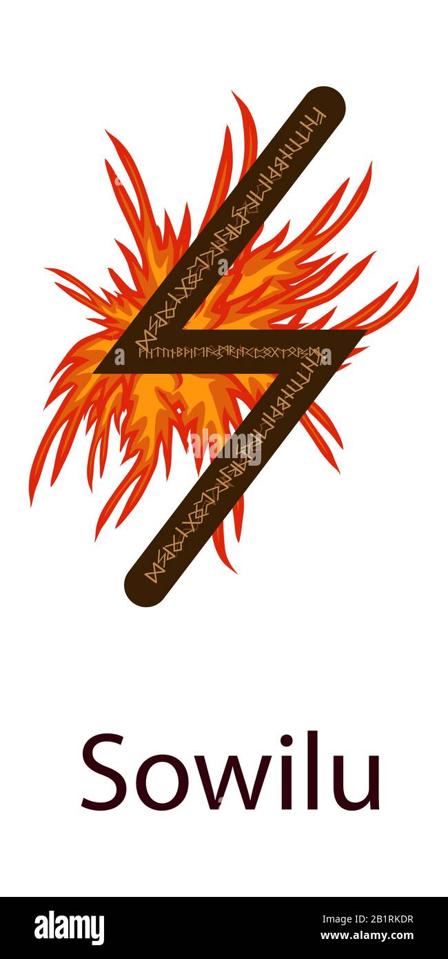 Rune Sowilu. Projection verticale. Scandinavian. Runes élément feu, la flamme autour de la runes Illustration de Vecteur