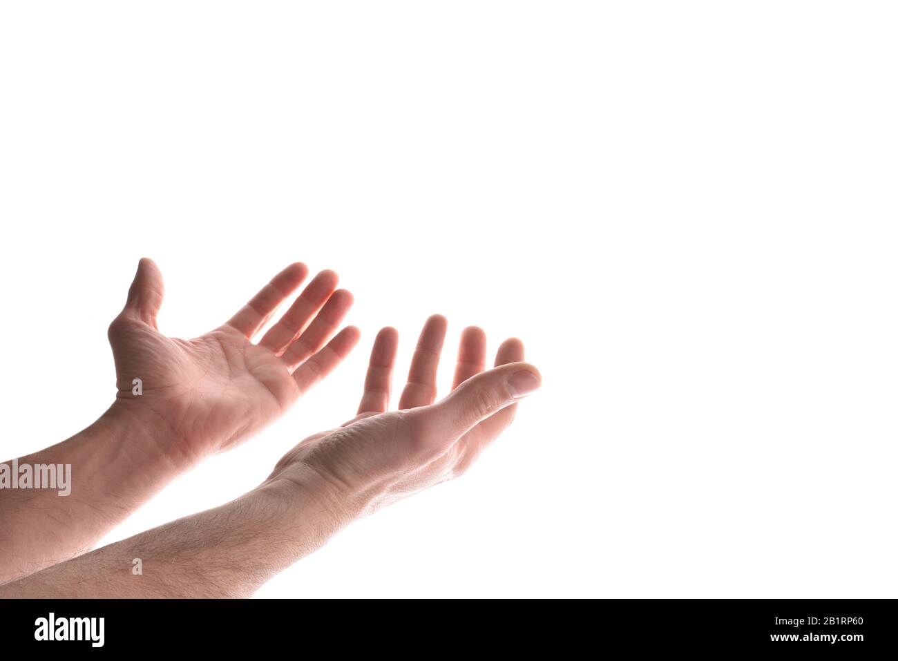Mains avec paumes vers le haut blanc isolé. Composition horizontale Banque D'Images