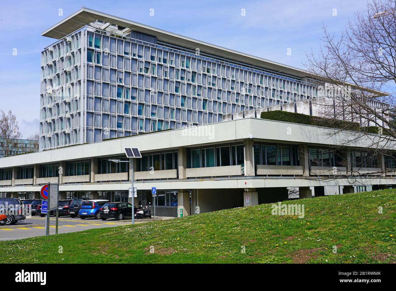 Genève, SUISSE -5 APR 2019- vue extérieure de la construction de l'Organisation mondiale de la santé (OMS), organisation internationale des Nations Unies Banque D'Images