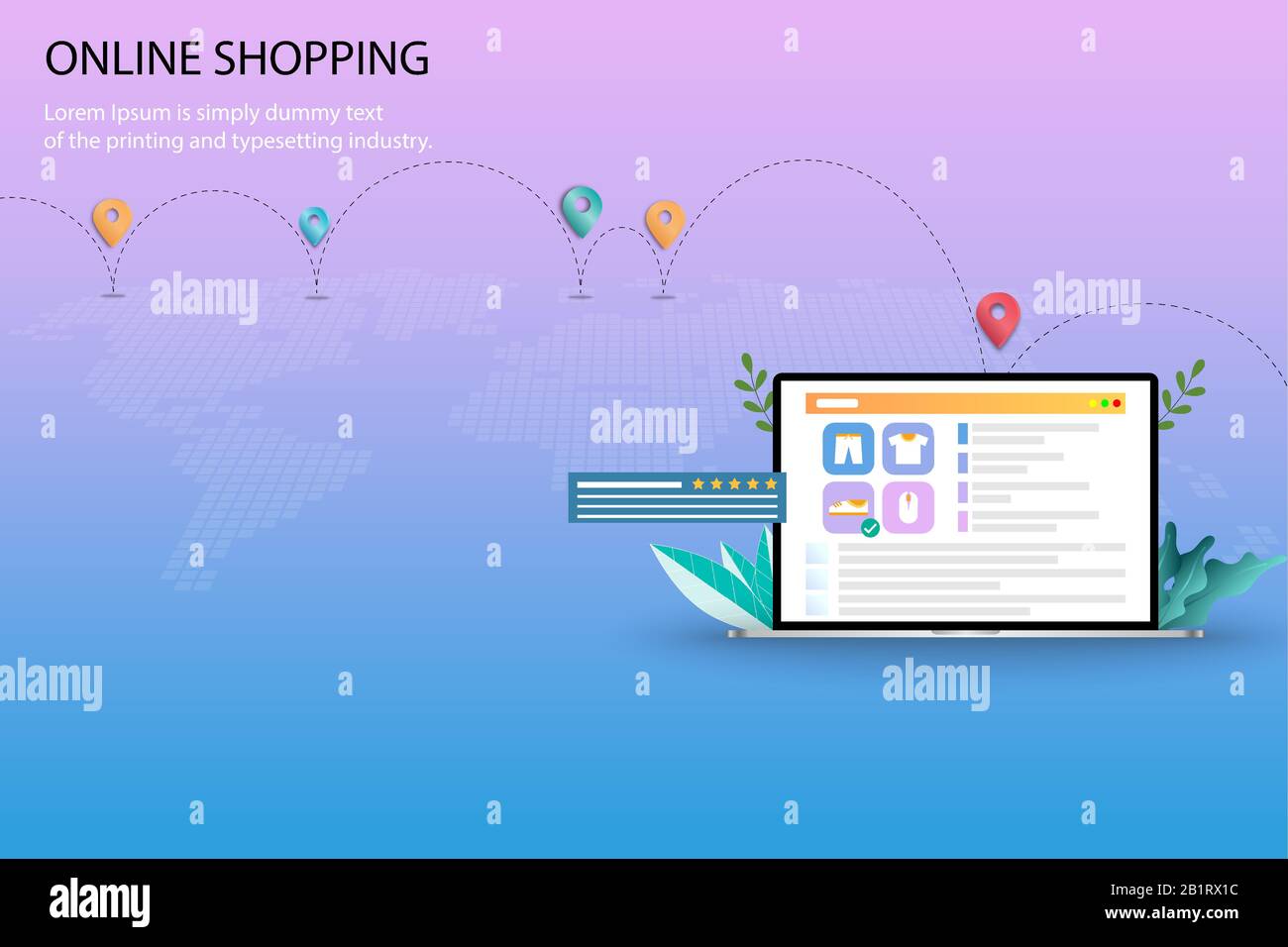 Concept d'achats en ligne, l'affichage de la liste des produits, la description, la notation des clients et les avis. Carte et itinéraire des expéditions. Illustration de Vecteur