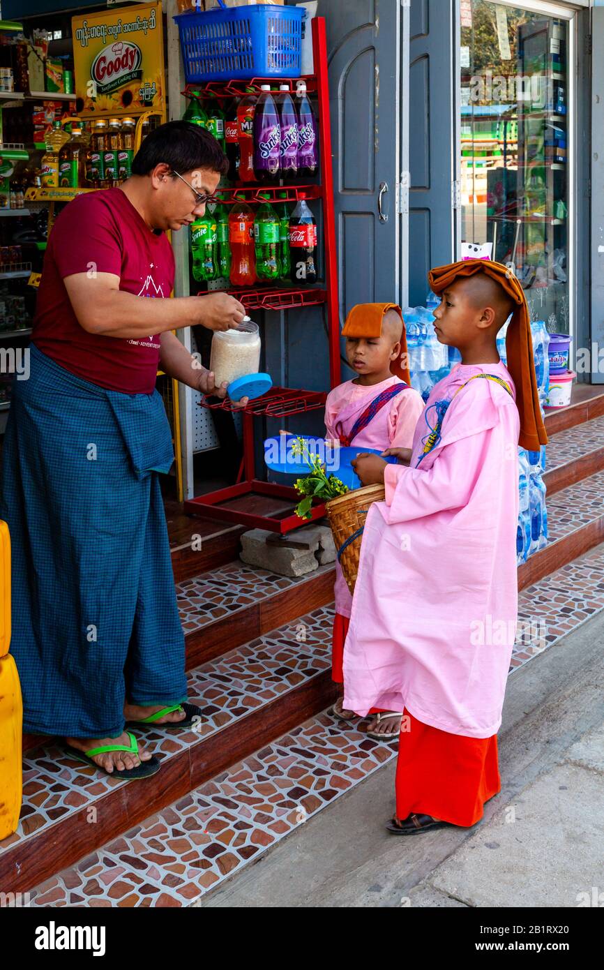 Tilashin (Novice Nuns) Collecte Des Alms, Loikaw, Etat De Kayah, Myanmar. Banque D'Images