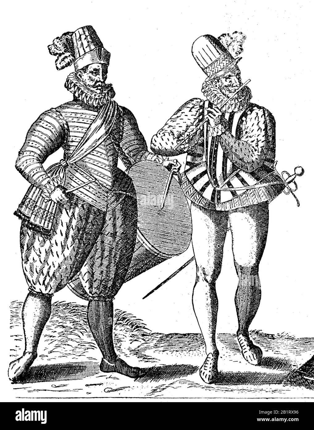 Batteur et Piper de la Légion, costumes traditionnels des Pays-Bas, XVIe siècle / Trommelschläger und Pfeifer der Legion, Trachten der Niederlande, 16. Jahrhundert, Historisch, Digital amélioration de la reproduction d'un original du XIXe siècle / digitale Reproduktion einer Originalvorlage aus dem 19. Jahrhundert Banque D'Images