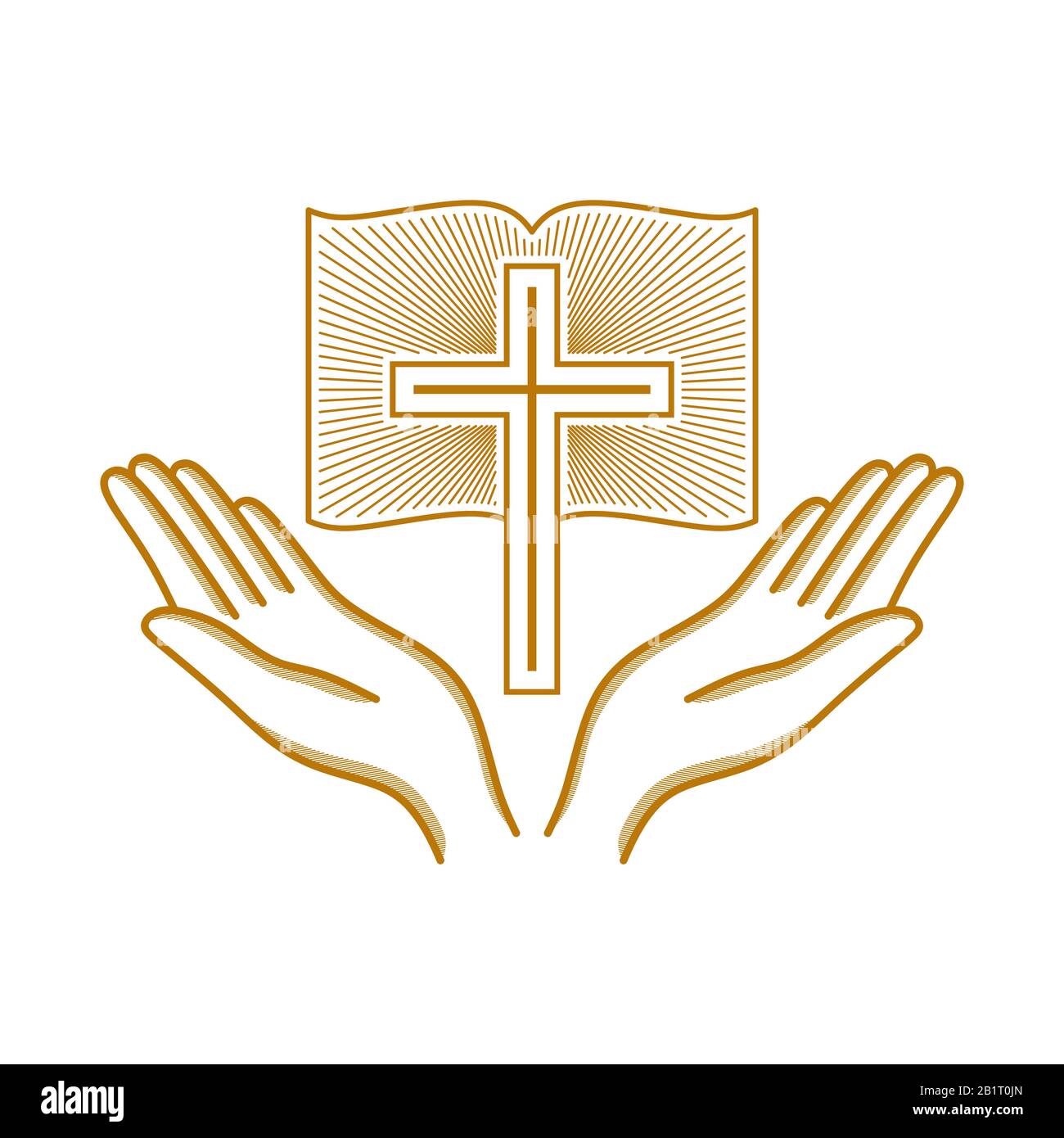 Logo de l'Église. Symboles chrétiens. Mains soulevées à la croix du Seigneur Jésus-Christ. Illustration de Vecteur