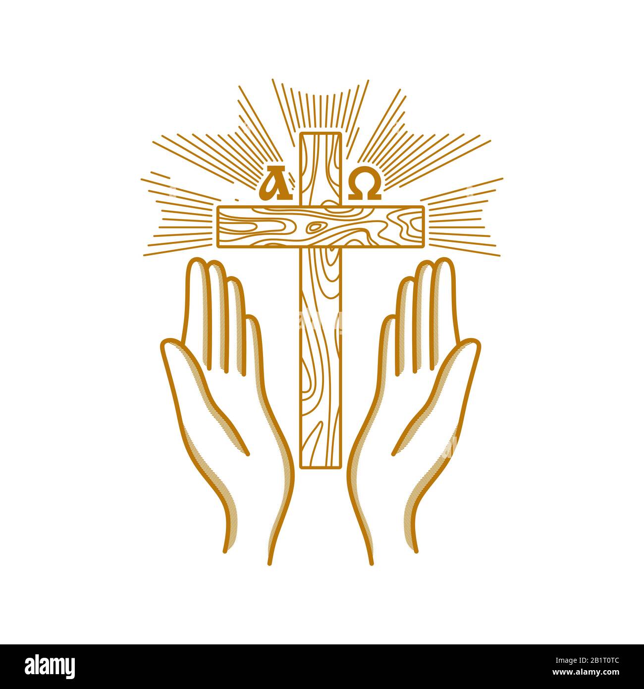 Logo de l'Église. Symboles chrétiens. Mains soulevées à la croix du Seigneur Jésus-Christ. Illustration de Vecteur