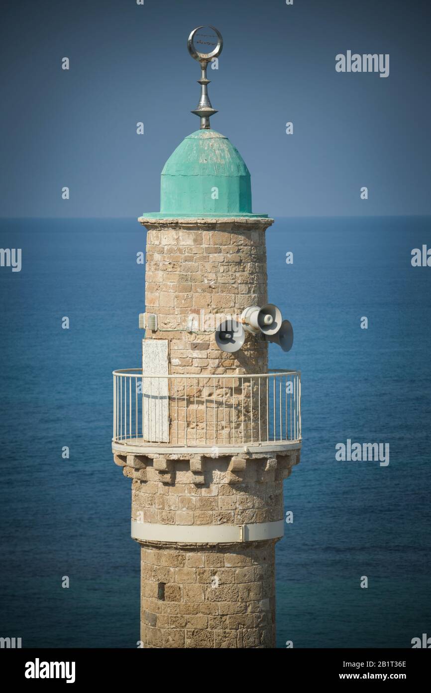 Minarett, Al Bahr Moschee, Jaffa, Tel Aviv, Israël Banque D'Images