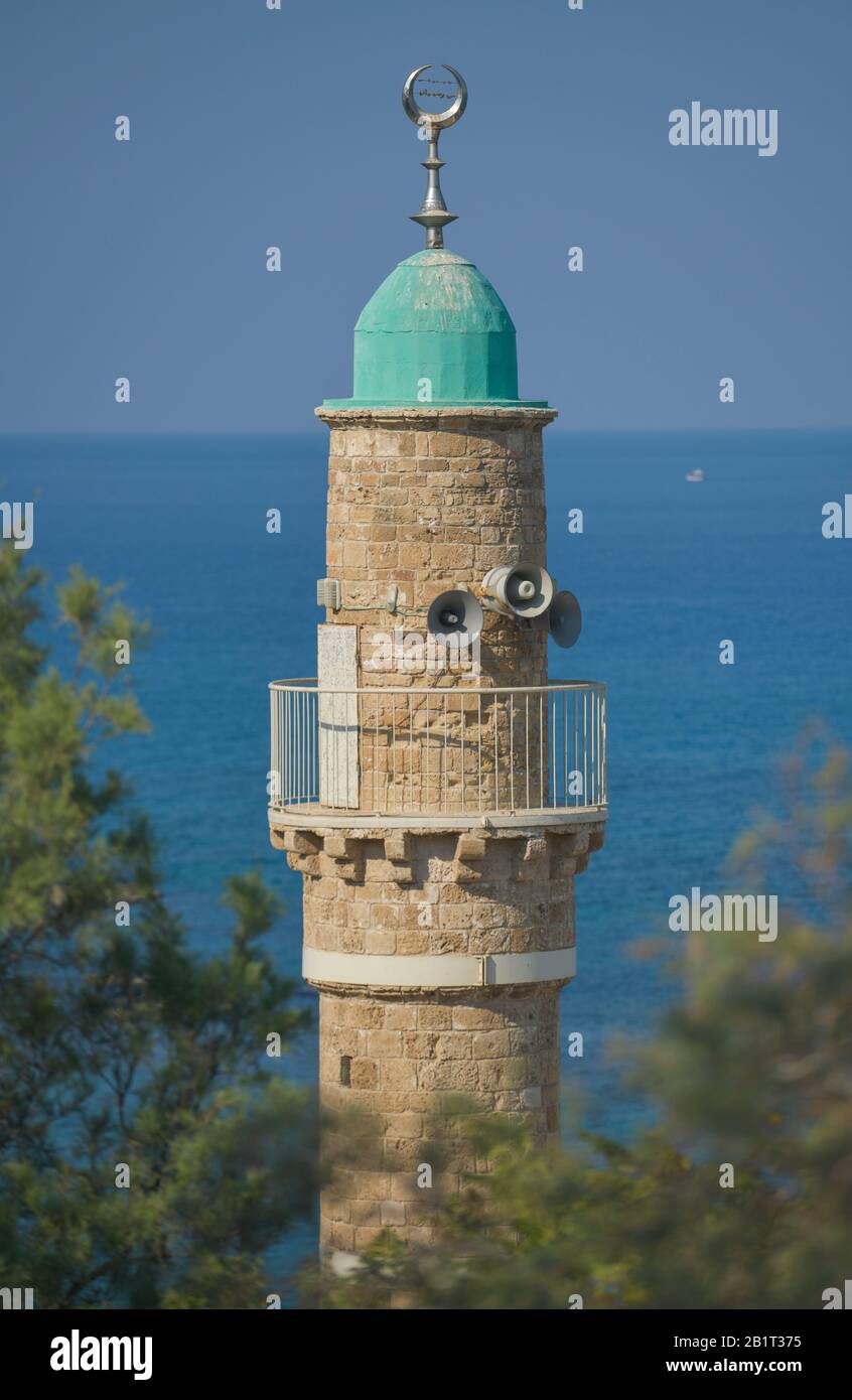 Minarett, Al Bahr Moschee, Jaffa, Tel Aviv, Israël Banque D'Images