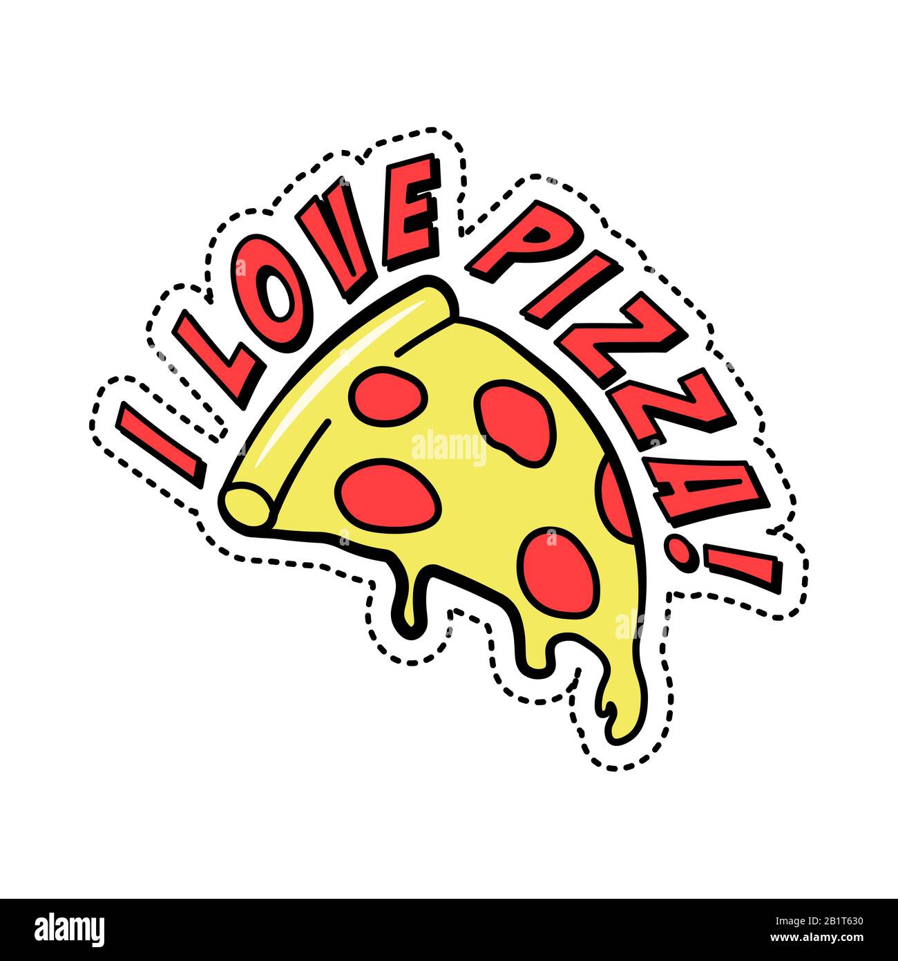 Autocollant décoratif coloré de mode avec texte J'aime la pizza, morceau de la restauration rapide italienne avec fromage et pepperoni, illustration vectorielle isolée. Illustration de Vecteur