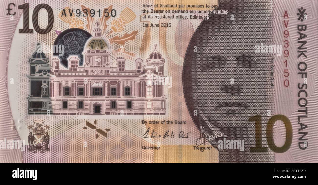 dh Scottish 10 livre billet ARGENT Royaume-Uni ECOSSE Nouveau polymère Notes £10 Ten Bank of Scotland papier plastique Sir Walter Scott note des billets en livres Banque D'Images