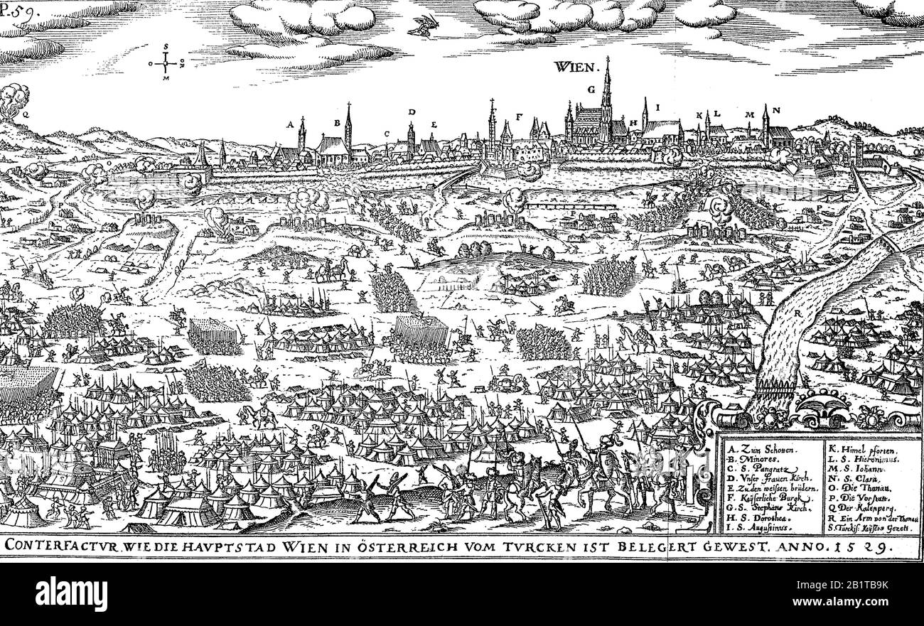 Le siège de Vienne par les Turcs sous Soliman en 1529, Autriche / ie Belagerung von Wien durch die Türken unter Soliman im Jahre 1529, Österreich, Historisch, numérique amélioration de la reproduction d'un original du XIXe siècle / digitale Reproduktion einer Originalvorlage aus dem 19. Jahrhundert Banque D'Images