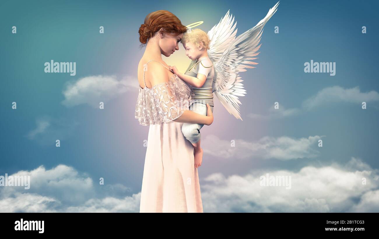Portrait d'une femme avec un ange enfant, concept d'amitié d'une femme plus âgée et un petit ange mignon, rendu tridimensionnel. Banque D'Images