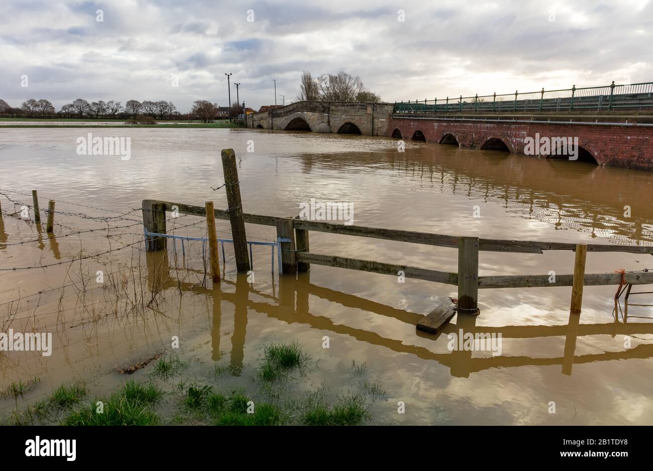 Inondations des champs et des routes agricoles suite à de fortes précipitations et à la tempête Dennis au pont Bubwith, Selby, dans le Yorkshire du Nord, au Royaume-Uni. Paysage Banque D'Images