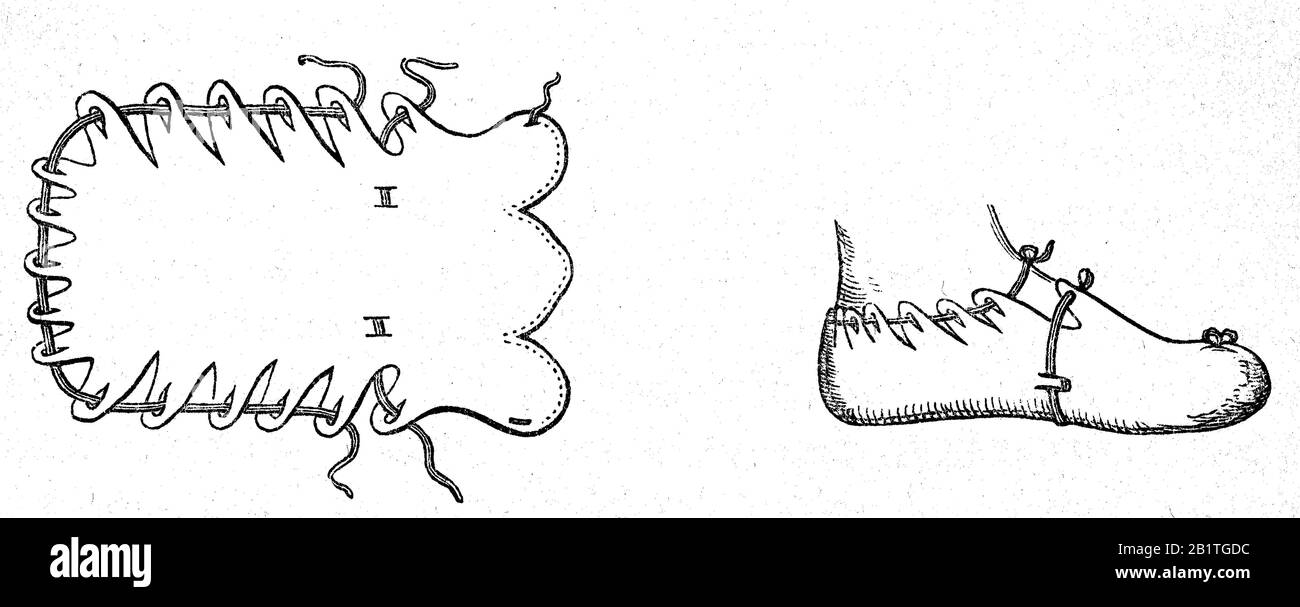 Bundschuh, chaussure historique en cuir attaché avec une longue sangle, premières chaussures d'histoire de la population rurale à la fin du Moyen âge / Bundschuh, historischer Lederschuh, der mit einem langen Riemen gebunden wurde, frühgeschichtliche Schuhe der Landbevölkerung im späten Mittelalter, Historisch, Amélioration de la reproduction numérique d'un original du XIXe siècle / digitale Reproduktion einer Originalvorlage aus dem 19. Jahrhundert Banque D'Images