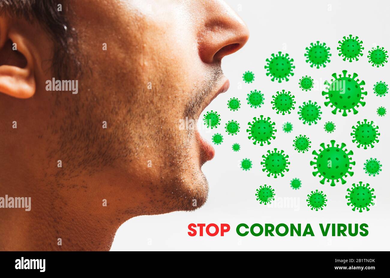 Arrêter le virus Corona - le virus Corona sort de la bouche Banque D'Images