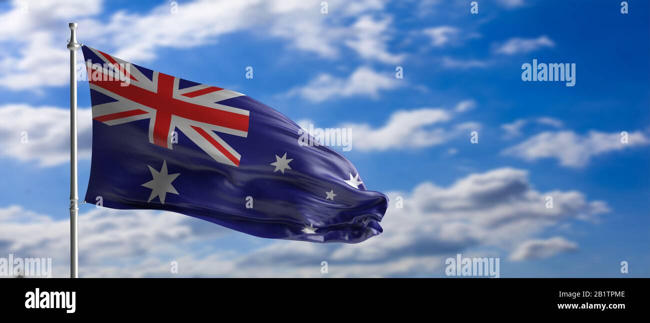 Panneau Australie, symbole. Drapeau national australien agitant sur un poteau, ciel bleu avec des nuages arrière-plan. illustration tridimensionnelle Banque D'Images
