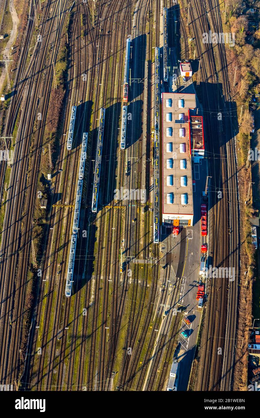 Photo aérienne, Abellio Rail NRW - atelier d'entretien Duisburg, trains S-Bahn, Duisburg, Ruhr, Rhénanie-du-Nord-Westphalie, Allemagne, voies ferrées, D Banque D'Images