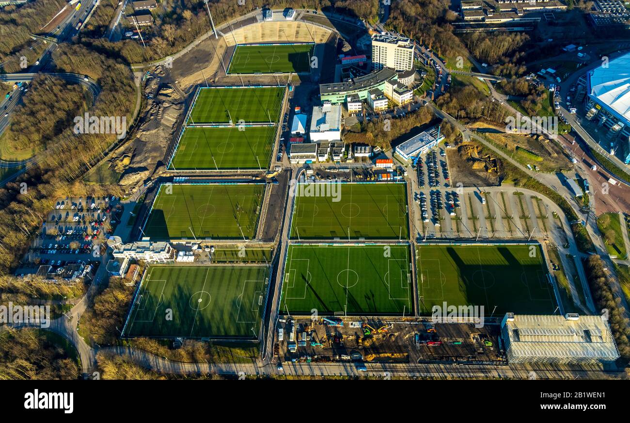 Photo aérienne, Schalker Feld, stade de la ligue nationale, Premier League, salle de football, terrain de formation à côté de Veltins-Arena, Schalke 04, au FO Banque D'Images