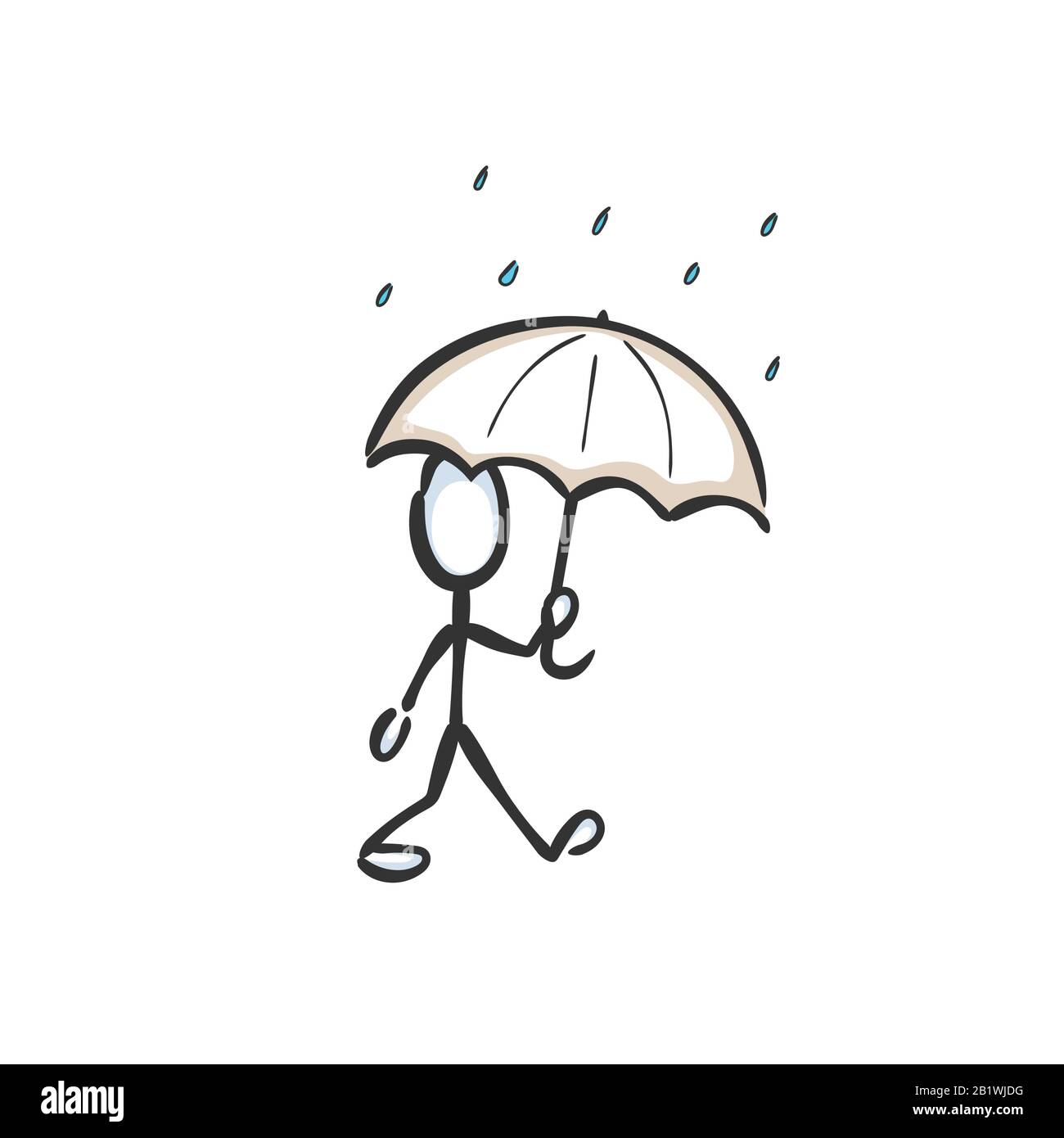 Homme avec parasol marchant dans la pluie. Jour de pluie, temps de pluie. Tiré à la main. Dessin animé stickman. Esquisse Doodle, illustration graphique vectorielle Illustration de Vecteur