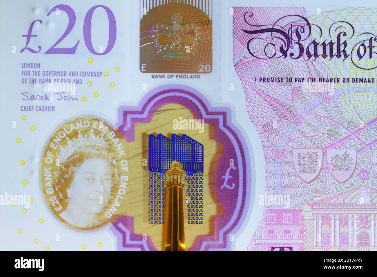 Le nouveau polymère £20 note qui a été publié au Royaume-Uni le 20 février 2020 Banque D'Images