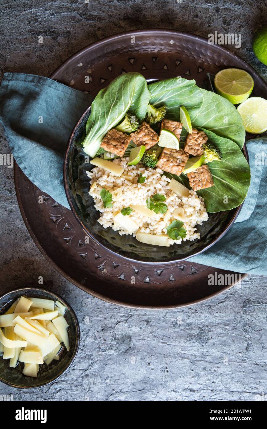 Tempeh avec riz, bok choy, brocoli cuit à la vapeur et pousses de bambou sur une plaque Banque D'Images