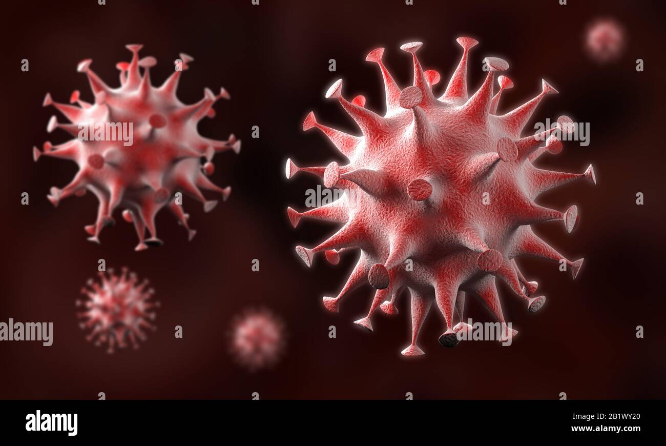 éclosion de cellules de coronavirus, épidémie de coronavirus 2019-2020. COVID-19, causée par le virus du SRAS-COV-2. rendu tridimensionnel Banque D'Images
