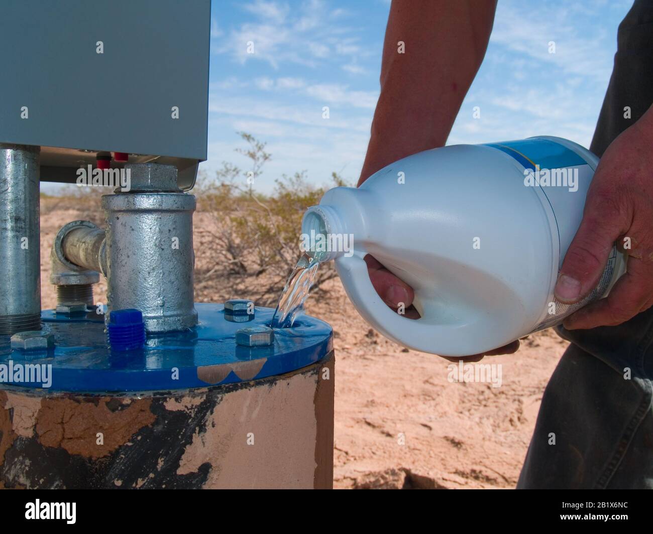 L'eau de Javel est versée dans une tête De Puits afin de nettoyer les débris organiques du tuyau et du rotor de pompe. Banque D'Images