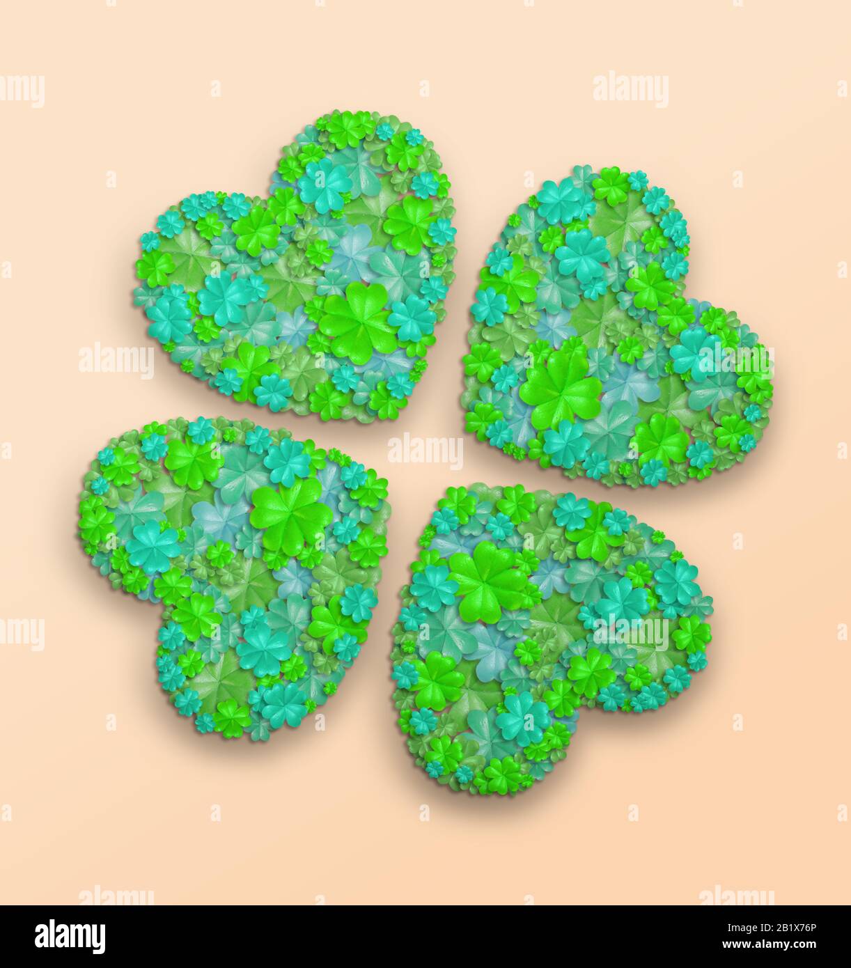 Collage Vert De Fleurs De Trèfle À Quatre Feuilles Sur Fond Orange Banque D'Images