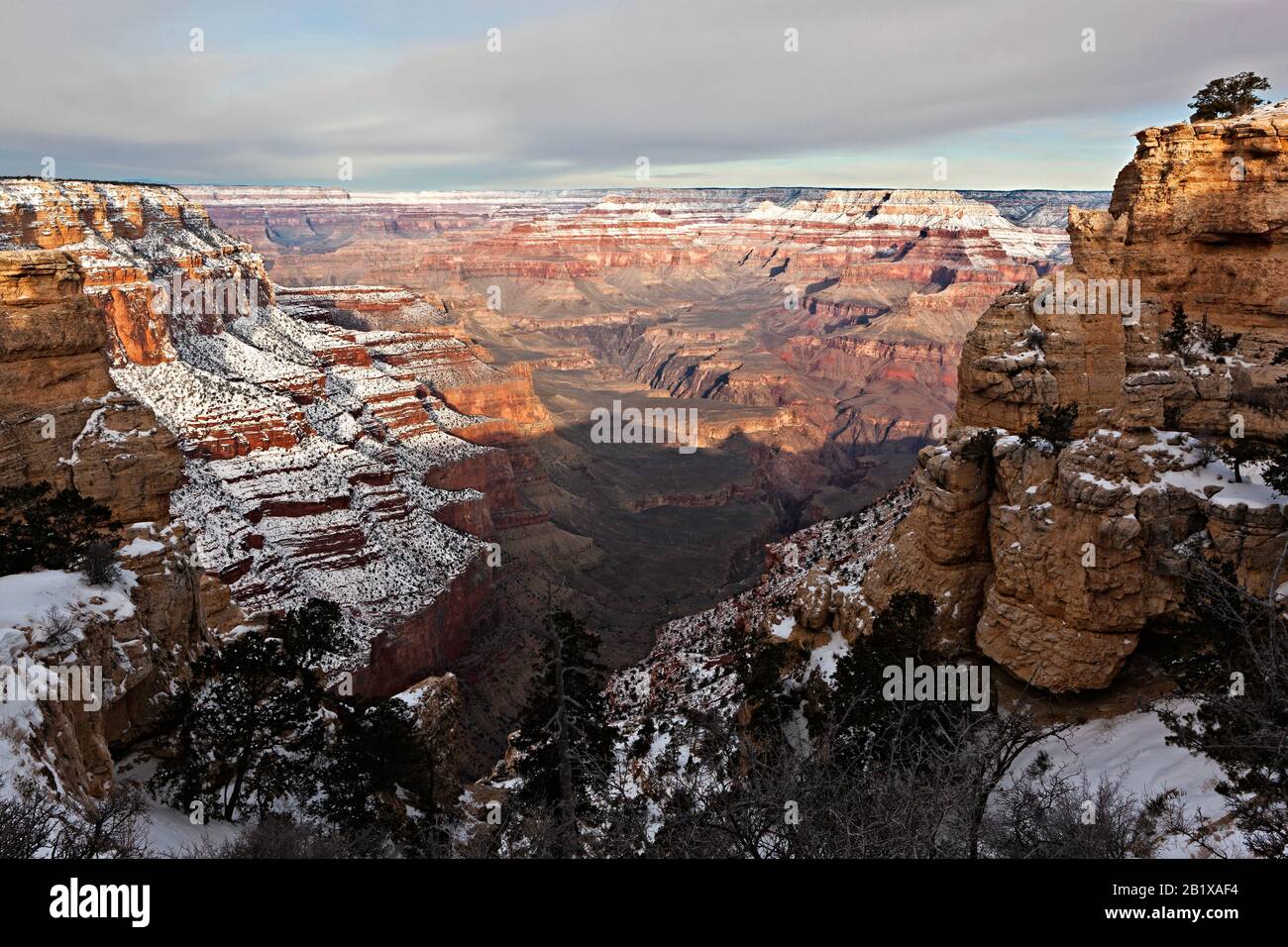 Soleil matinal sur la gorge intérieure et la rive nord du Grand Canyon avec le plateau sud à l'ombre, descendant le sentier Kaibab du Sud Banque D'Images