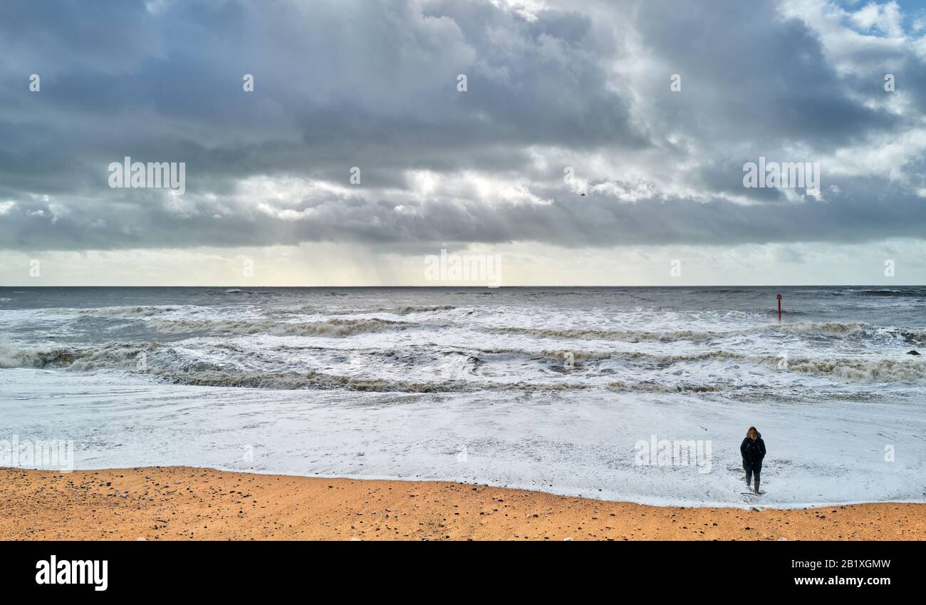 Une personne solitaire se tient sur le rivage pendant les temps d'hiver pluviaux le long de la ligne côtière du patrimoine jurassique, Manche, West Bay, Dorset. Banque D'Images