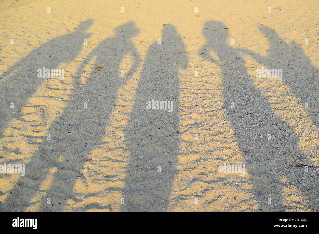 Un groupe de voyageurs heureux ombre sur le sable de plage au coucher du soleil en utilisant pour texture de fond. Banque D'Images