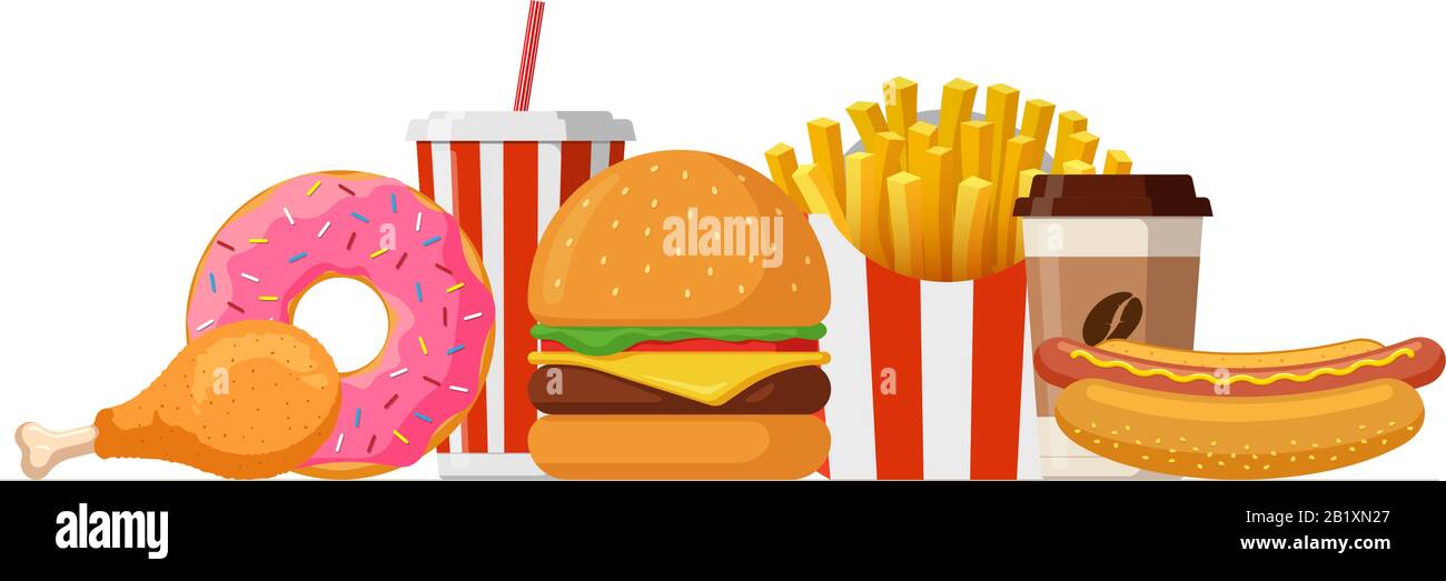 Service de restauration rapide pour le déjeuner. Hamburger au fromage classique, paquet de frites, cuisse de poulet croustillante frite, beignet glacé, boisson non alcoolisée, tasse de café et hot dog. Illustration du vecteur eps plat Illustration de Vecteur