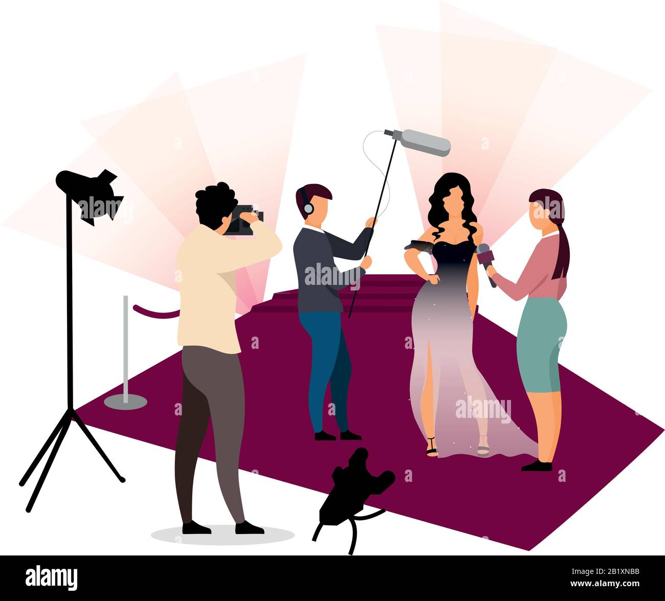 Les journalistes ont interviewer l'illustration vectorielle plate des célébrités. Photographes, paparazzi photographier une Star de cinéma, chanteuse féminine, célèbre personnage de dessin animé Illustration de Vecteur