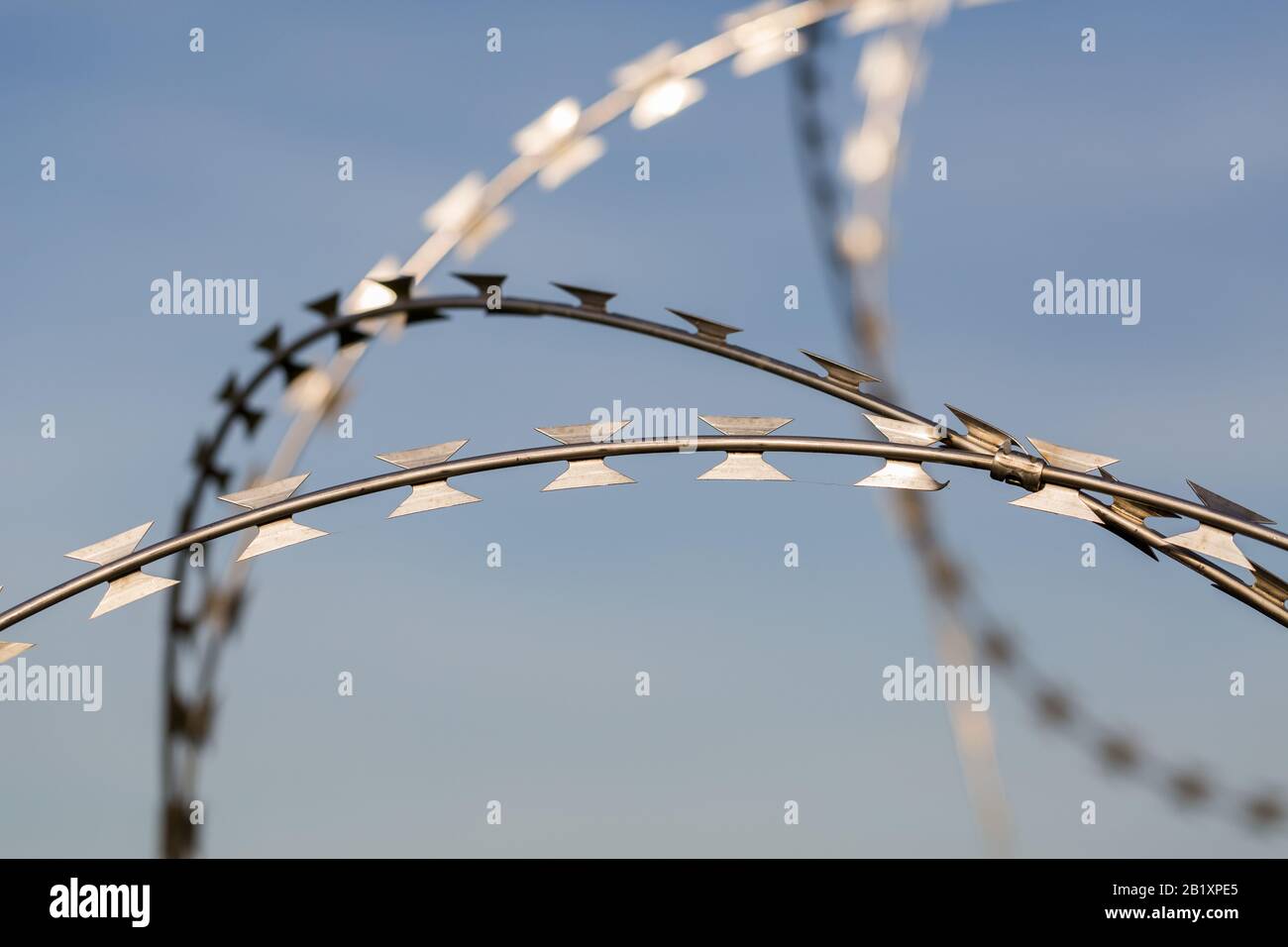 Détail / vue isolée sur un fil de rasoir incurvé. Fond bleu (ciel). Utilisé aux frontières, aux aéroports, aux camps de prison, aux bases militaires. Banque D'Images