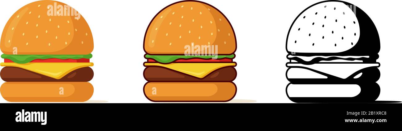 Ensemble isolé de repas rapide hamburger. Hamburger avec tomates arc verts juteux rôti de boeuf fromage tranchez dans un pain avec sauce. Cheeseburger fastfood illustration vectorielle colorée et noire Illustration de Vecteur