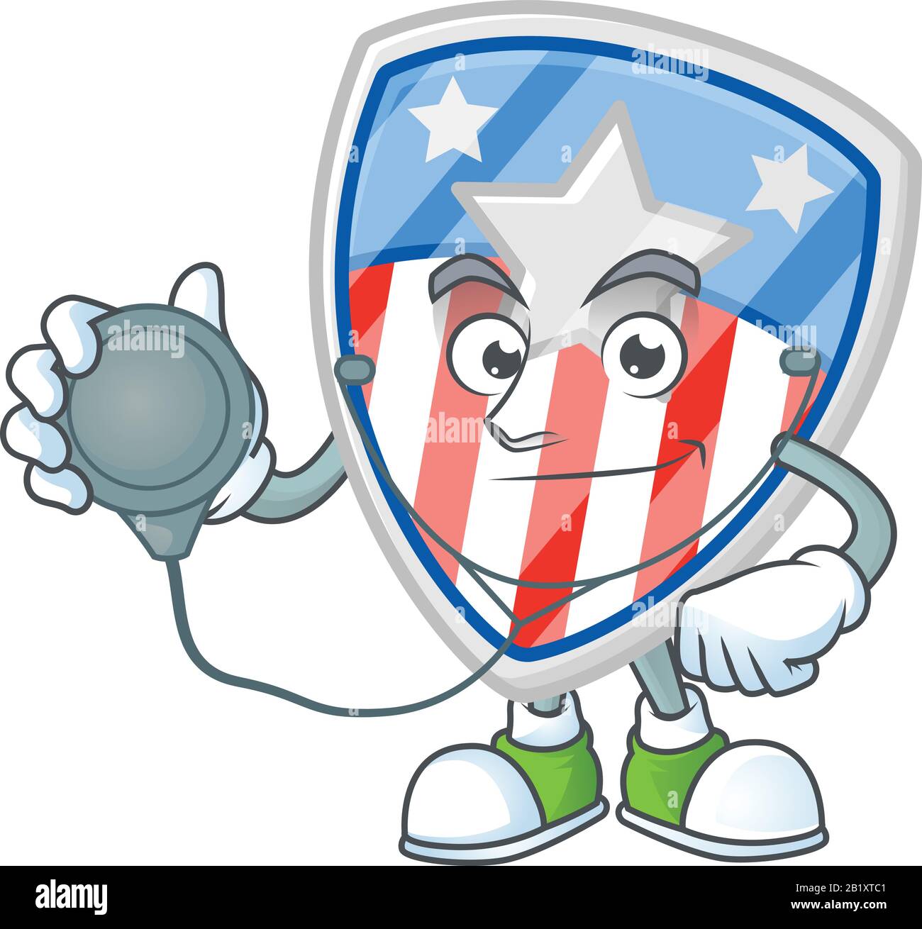 Écusson Shield USA avec motif icône en forme d'étoile de mascotte comme costume de médecin travaillant avec des outils Illustration de Vecteur